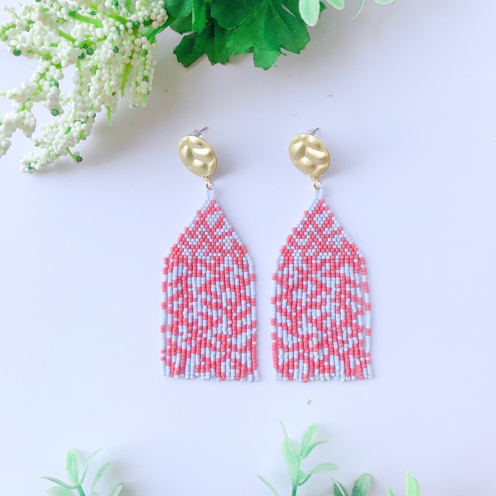 Coral Patterned Fringe Bead Handmade Earrings Pink & Blue